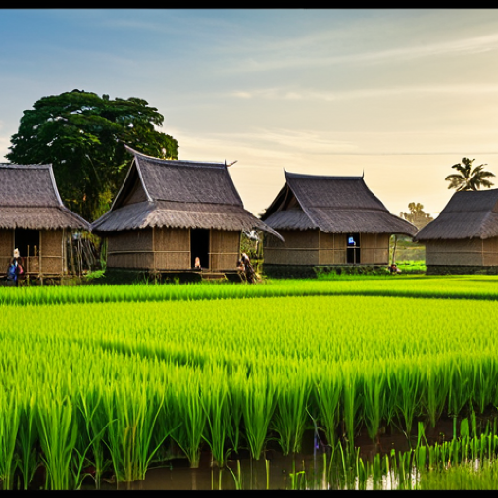Cambodian Village Life**

"A panoramic view of a small, rural Cambodian village at golden hour. Modest traditional houses with thatched roofs are nestled amongst lush green rice paddies. Villagers, fully clothed in simple, respectful attire, are engaged in daily activities – farming, crafting, or tending to children. Gentle sunlight bathes the scene, creating a warm and inviting atmosphere. Safe for work, appropriate content, professional, family-friendly, perfect anatomy, correct proportions, natural pose, high quality."

**