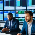 더 모닝 쇼 시즌별 평가 - A diverse team of professional journalists, both male and female, in a brightly lit, state-of-the-ar...