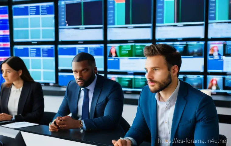 더 모닝 쇼 시즌별 평가 - A diverse team of professional journalists, both male and female, in a brightly lit, state-of-the-ar...