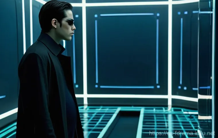 더 매트릭스 리로디드 분석 - **Prompt:** A young man, styled like Neo from The Matrix, wearing a sophisticated, dark trench coat ...