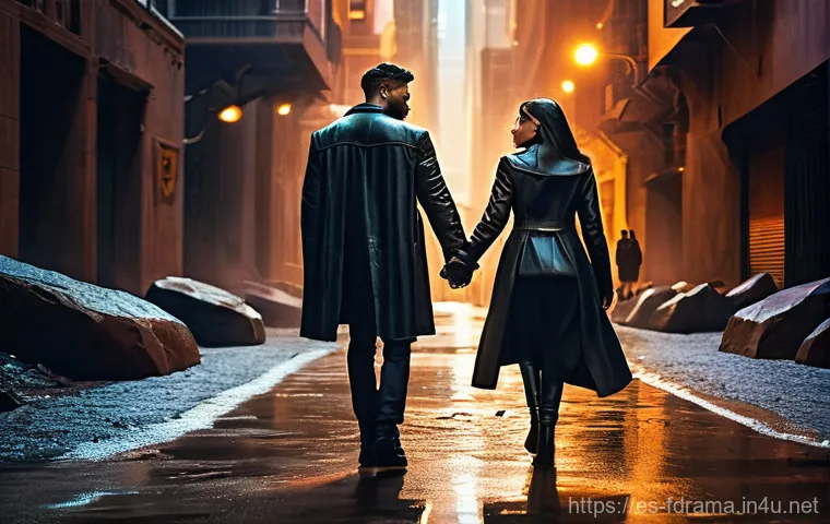 더 매트릭스 리로디드 분석 - **Prompt:** A highly dynamic action scene featuring a male and female character, both dressed in sle...