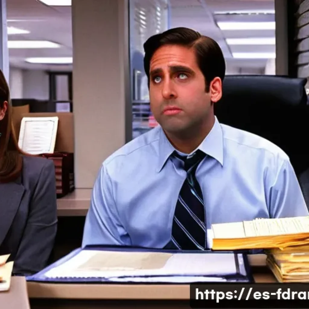 디 오피스 코미디 역사적 가치 - **Prompt:** A wide shot inside the Dunder Mifflin Scranton office, capturing a moment of classic "cr...