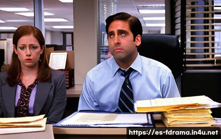 디 오피스 코미디 역사적 가치 - **Prompt:** A wide shot inside the Dunder Mifflin Scranton office, capturing a moment of classic "cr...