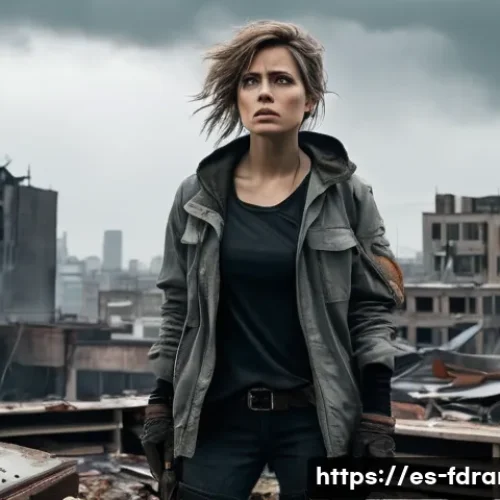 Home 32 피어 더 워킹 데드 시청 가이드 - A tense post-apocalyptic urban scene featuring a strong female leader standing on a rooftop overlook...