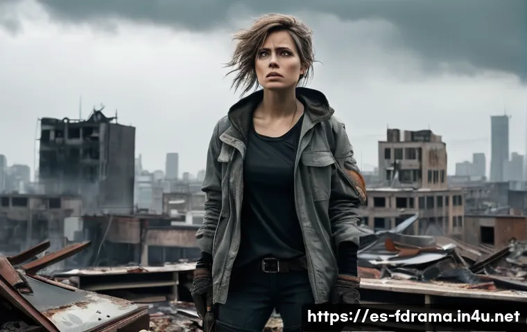 피어 더 워킹 데드 시청 가이드 - A tense post-apocalyptic urban scene featuring a strong female leader standing on a rooftop overlook...