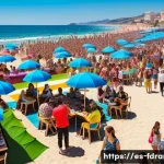 Home 19 서프시티 시즌별 인기 분석 - A vibrant summer beach festival scene in Spain, featuring diverse groups of people enjoying outdoor ...