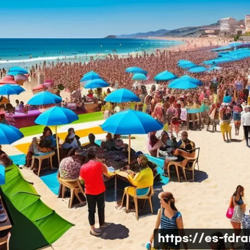 Home 31 서프시티 시즌별 인기 분석 - A vibrant summer beach festival scene in Spain, featuring diverse groups of people enjoying outdoor ...
