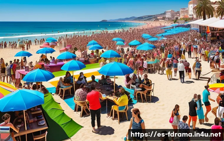서프시티 시즌별 인기 분석 - A vibrant summer beach festival scene in Spain, featuring diverse groups of people enjoying outdoor ...
